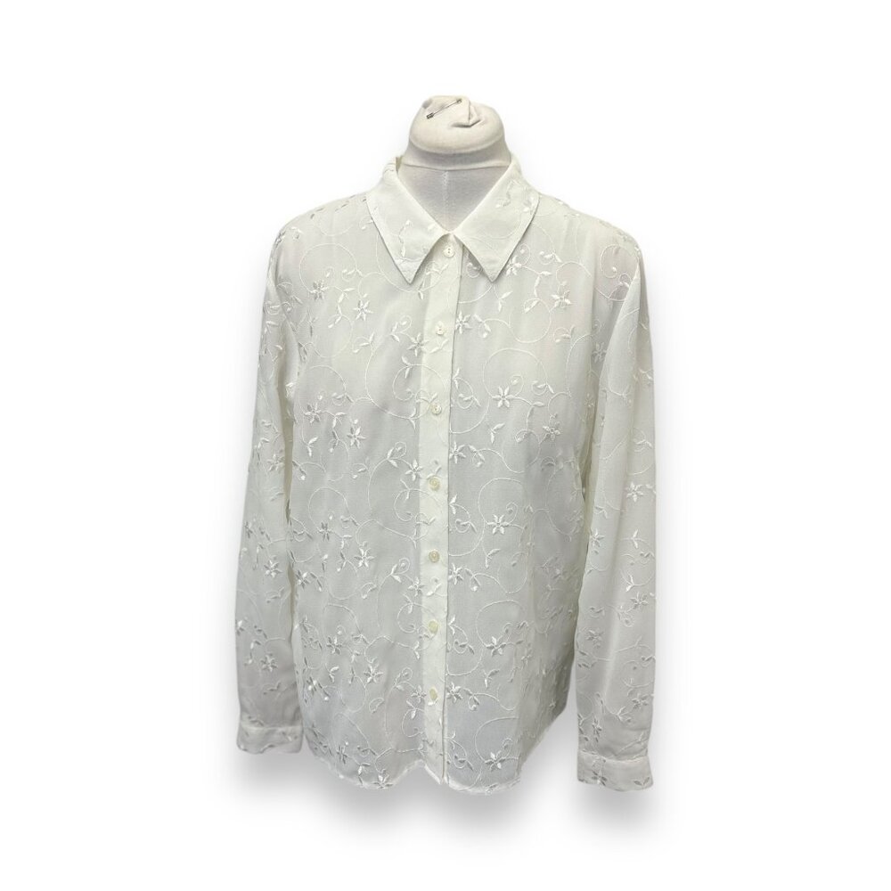 Christie & Jill Womens White Button-Up Blouse VTG 90s Floral Embroidery White 1X